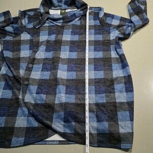 Pure Essence Womens Blue Plaid Asymmetrical Button Cowl Neck Top Size XL